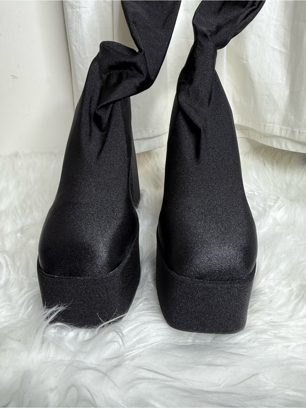 Women's Black Platform legging Boots - Stretch Fabric Block Heel - Picture 2 of 6